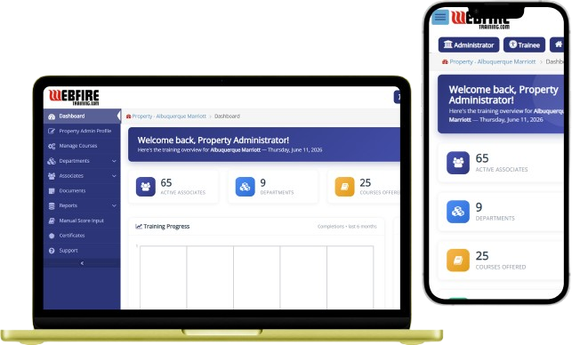 WebFire LMS dashboard on desktop and mobile